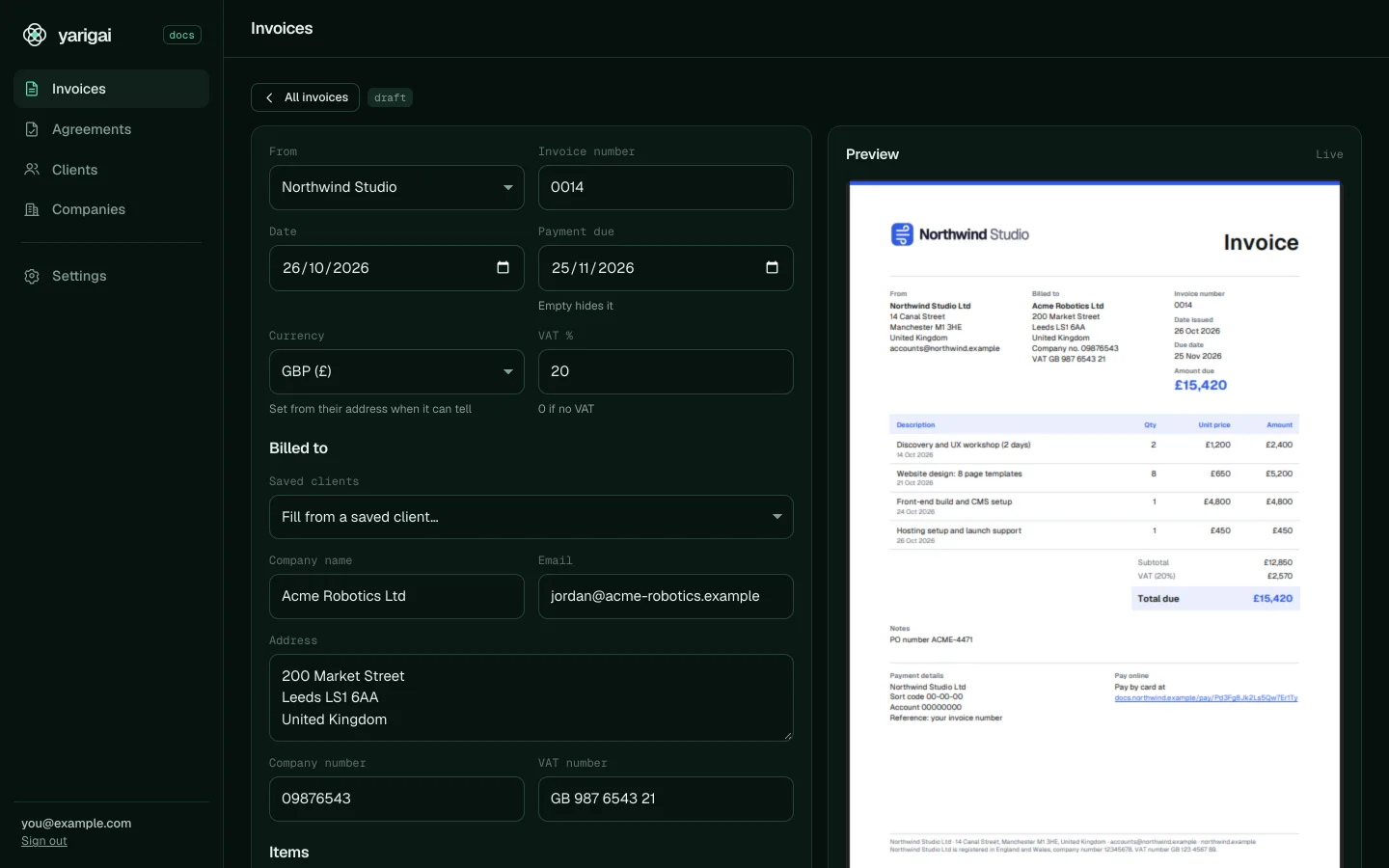 Yarigai Docs: Write an invoice and watch the PDF update